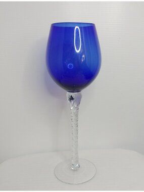Bombay Cobalt Blue Ballon Wine Glass Twist Stem Goblet Art Glass 11"5 New